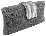 Glamorous Glitter Silver Pewter Hard Case Evening Clutch Baguette Handbag Purse Rhinestone Closure w/Detachable Chain
