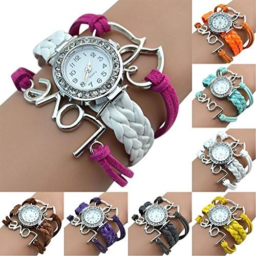 Decoration Day Girl'S Knitting Faux Leather Band Love Heart Charm Rhinestone Bracelet Watch