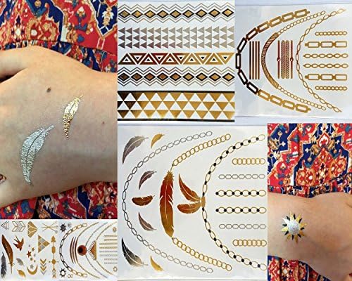 Metallic Gold Silver Black Jewelry Flash Inspired Temporary Fashion Tattoos Bling Sticker Accessories - 5 Sheet Package - Panache