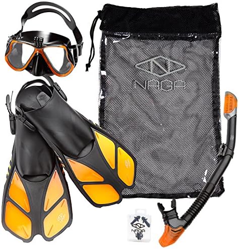 Naga Sports Adult Snorkel Set with Dry Top Snorkel, Single Lens Mask, Trek Fins, Mesh Bag - L/XL Orange