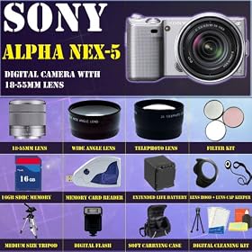 Sony Alpha NEX-5 Interchangeable Lens Digital Camera (Silver) With Sony E-series 18-55mm f/3.5-5.6 OSS Lens w/Shade + HUGE ACCESSORIES PACKAGE INCLUDING WIDE ANGLE MACRO LENS + 2X TELEPHOTO + 3 PC FILTER KIT + 16GB SDHC MEMORY CARD + EXTENDED LONG LIFE BATTERY + CARRYING CASE + TRIPOD + LENS HOOD + LENS CAP KEEPER & MUCH MORE!!