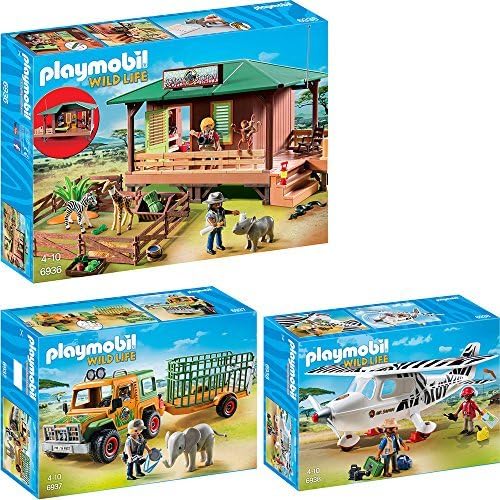 Playmobil Wild Life Animals of Africa 3 pcs. set 6936 6937 6938 Ranger Station with Animal Rearing + Ranger-SUV with Trailer + Safari-Plane by Playmo