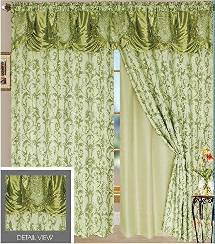 Luxury Jacquard Curtains/Panels/Drapes/Window Set with Attached Valance and Sheer (SAGE)