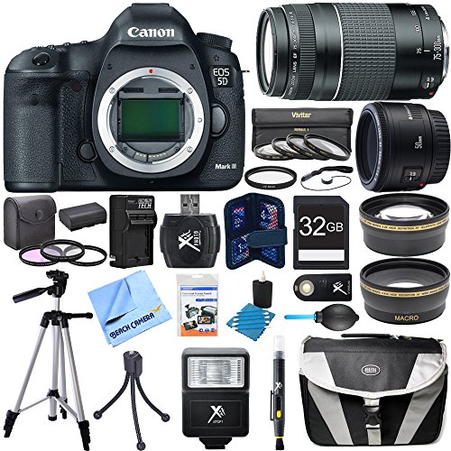 EOS 5D Mark III 22.3 MP Full Frame CMOS Digital SLR Camera Body Super Bundle includes EOS 5D Mark III Camera Body, 50mm Lens, 75-300mm Lens, 58mm UV Filter, 32GB Memory Card, Card Reader, Tripod, Gadget Bag, Cleaning Kit and much more!
