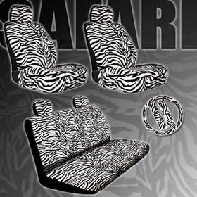 New Premium Grade 11 Pieces Zebra Print Low Back Front Car Seat and Rear Bench Cover with Head Rest Cover Set