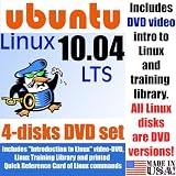 Ubuntu 10.04 LTS, 4-disks DVD Set, Includes Introduction to Linux video-DVD, Linux Training Library and Printed Quick Reference Card of Linux Commands, Contains Both 32-bit and 64-bit Versions, includes Complimentary Evaluation Exam