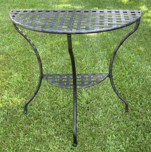 Outdoor Half-Round Table w Shelf in Black-Finished Wrought Iron