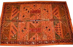 Orange Banjara Mirror Sari Wall Hanging Tapestry 60 X 40
