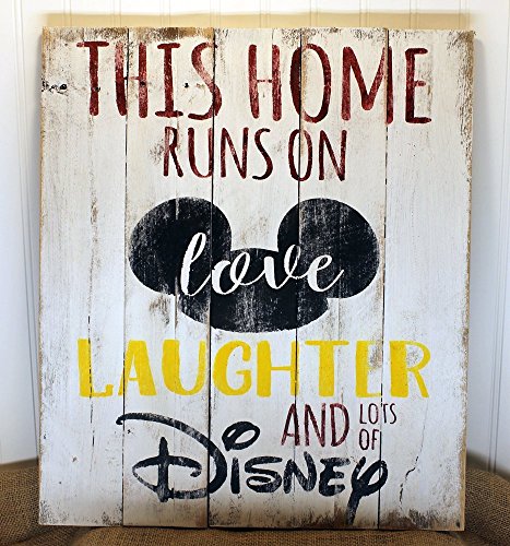 This Home Runs on Love Laughter and lots of Disney Wall Art Sign for Home Decor, Handmade from Reclaimed Pallet Wood, Red, Yellow and Black Lettering on White Background 17×20