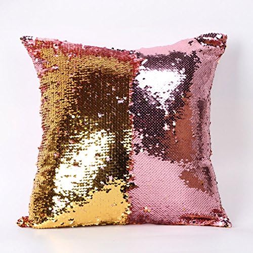 CaseBling Hot Selling DIY Two Tone Glitter Sequins Throw Pillow Cases and Covers Color Changing Scale Euro Decorative Home Cushion Sofa Pillowcase 16x16 Inch - Gold and Pink