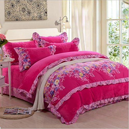 Reactive dye fashion cozy coral fleece fiber four set thick warm flannel Twill four set bedding (plants and flowers) , alice rose red , 220*240