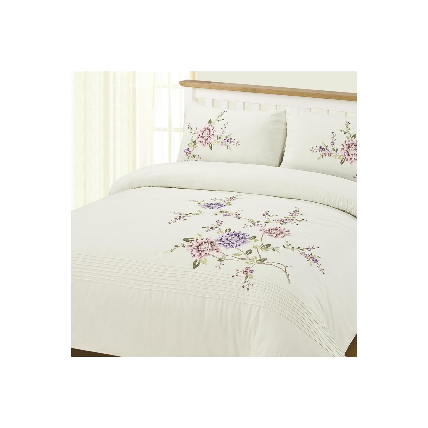 Luxury Tokyo Floral Cream, Pink, Lilac Embroidered Duvet Cover Set