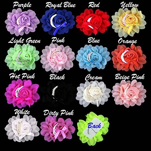 [Pack of 10PCS ]ROTMAKERS Adult Child Mixed Colors Flat-Bottomed Beautiful DIY Handmade Hair Clip Chiffon Flower with Pearls for Hair Clips, Scrapbooking and More Decoration Hair Accessories