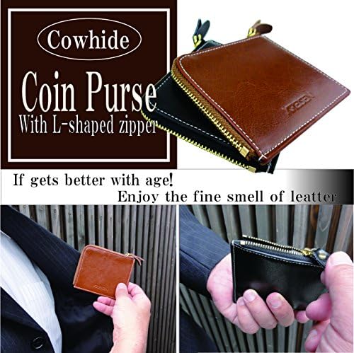 MEN'S L-Zip Genuine Cowhide Leather Slim Coin Purse by KREISEN (Black)