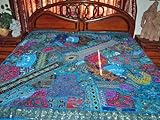Beaded Tapestry Sari Bedspreads Zardozi Embroidered Blue Indian Vintage Sari Throw 80x80