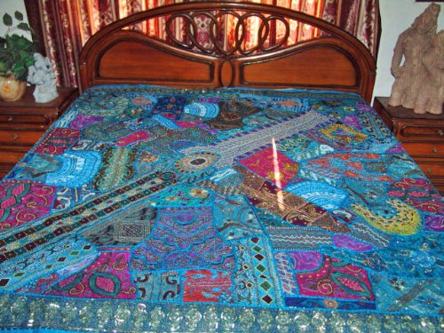 Beaded Tapestry Sari Bedspreads Zardozi Embroidered Blue Indian Vintage Sari Throw 80x80