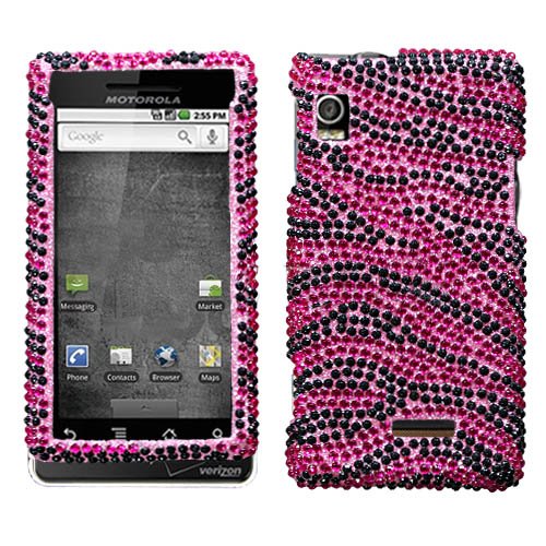 Motorola Droid A855 Zebra Skin (Hot Pink/Black) Diamante Protector Cover Full Rhinestones/Diamond/Bling/Diva - Hard Case/Cover/Faceplate/Snap On/Housing