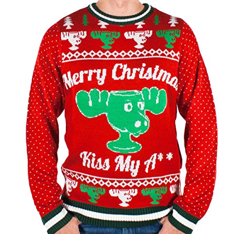 Christmas Vacation 'Kiss My A**' Moose Mug Ugly Christmas Sweater (Red)