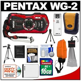 Pentax Optio WG-2 Shock & Waterproof Digital Camera (Vermillion Red) with 16GB Card + Battery + Tripod + Case + Float Strap + Accessory Kit