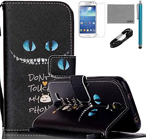 Samsung Galaxy S4 Mini i9190 Case, LEXY PU Leather Case with Credit ID Cards Holders & Stand for Samsung Galaxy S4 Mini i9190 with 9H Glass Screen Protector, V8 USB Cable and Stylus (Blue Eyes Cat)