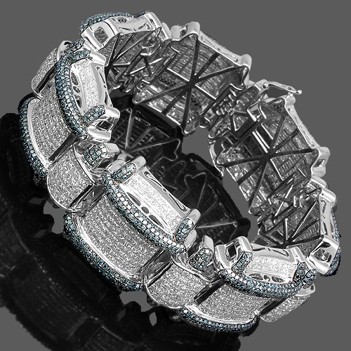 14K White Gold Mens Diamond Bracelet  Blue Diamonds 