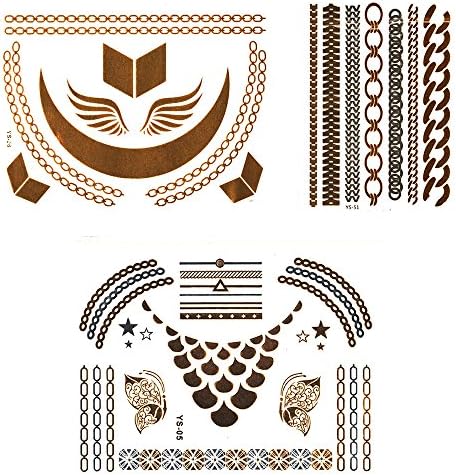 3 sheet Premium Metallic temporary Best Tattoos Non-Toxic long lasting water resistant .Gold &amp; Silver metallic tattoo. Stylish designs.Size 21x15 cm.