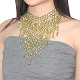 Belly Dancer Beaded Stretchy Exotic Choker Necklace With Bells - Gold