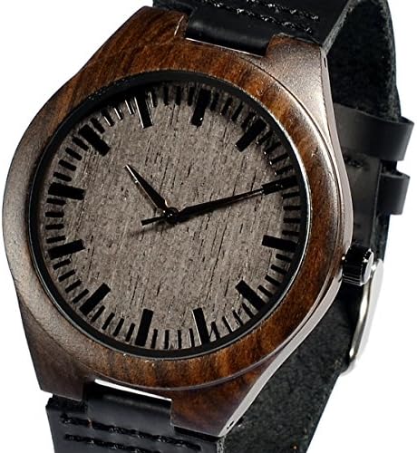 Affute Men's Wooden Ebony Wood Watch with Genuine Black Leather Strap Janapese Quartz Analog Miyota Movement
