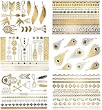Premium Metallic Tattoos - 75+ Shimmer Designs in Gold, Silver, Black & Turquoise - Temporary Fake Jewelry Tattoos - Bracelets, Feathers, Wrist & Arm Bands, & More (Delila)