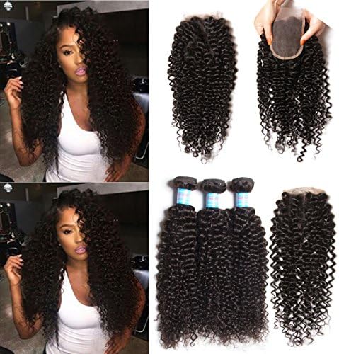 Longqi Hair Brazilian Curly Virgin Hair with Closure Free Part 16 18 20+10Inch Unprocessed Virgin Human Hair Weave 3 Bundles with 1 Piece Lace Closure 4x4Inch Natural Color