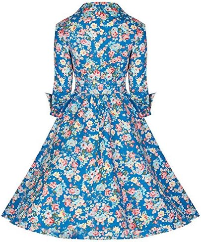 Lwela Vintage 1950's Style 3/4 Sleeves Garden Floral Print Windbreaker Dress Medium Blue
