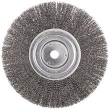 Weiler Trulock Narrow Face Wire Wheel Brush, Round Hole, Steel, Crimped Wire, 8" Diameter, 0.014" Wire Diameter, 5/8" Arbor, 2-1/16" Bristle Length, 3/4" Brush Face Width, 6000 rpm