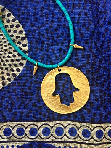 Gold hamsa hand of fatima disk on green coconut heishi beads with gold accents
