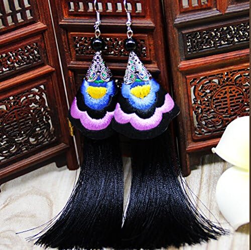 National Wind Silk Yarn Dangle Earrings Embroidery Tassels Eardrop Long Big Exaggeration Earrings (black)