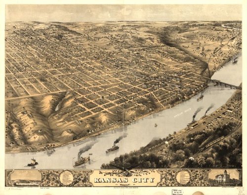 Bird's eye view of Kansas City, Missouri. Jan'y. 1869. Drawn by A. Ruger. Merchants Lith. Co., large historic panoramic map reprint 45x36
