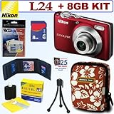 Nikon Coolpix L24 14 MP Digital Camera (Red) + 8GB Accessory Kit
