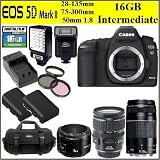 Canon EOS 5D Mark II 21.1MP Full Frame CMOS Digital SLR Camera with Canon EF 28-135mm f/3.5-5.6 IS USM Lens + Canon EF 75-300mm f/4-5.6 III Lens + Canon EF 50mm f/1.8 Camera Lens + 16GB Intermediate Package
