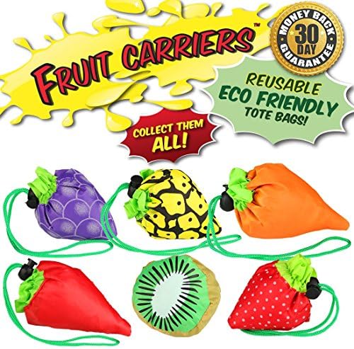 FRUIT CARRIERS 6 Piece Variety Pack: Eco-friendly, Reusable Shopping Tote Bags Available in 6 Fun Designs! Grapes, Pineapple, Carrot, Kiwi, Strawberry and Chili Pepper