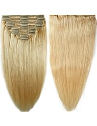 Beauty: 130g-160g 16" 18" 20" 22 Inch True Double Weft Thick Full Head Set Clip in 100% Remy Human Hair Extensions Top Grade 7A For Woman Beauty 8 Pieces 18 Clips (#613 Bleach Blonde 22 Inch 160g) - US Fashion Outlet