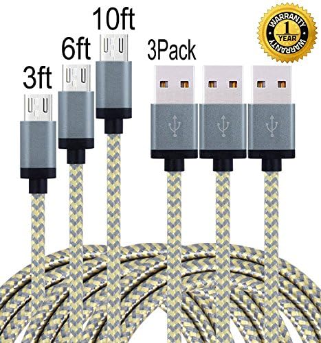 IFaxnn 3PCS 3ft 6ft 10ft Micro USB Cable Nylon Braided 6ft Extra Long 2.0 Micro USB Charging Cable Cord for Android, Samsung Galaxy, HTC, Nokia, Huawei, Sony and Other Tablet Smartphone (gold+gray)