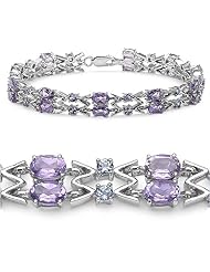 Genuine Brazilian Amethyst & Tanzanite Gemstone Rhodium Plated Sterling Silver Link Bracelet