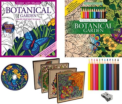 Flowers Adult Coloring Books & Picture Frames Combination Set Includes: 4 Glass Picture Frames 8" x 8", 2 Botanical Adult Coloring Books, 12 Colored Pencils, Pencil Sharpener and a Relaxation Music CD
