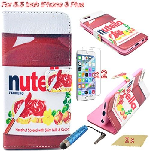 KooJoee(TM) PU Leather Case with Stand Function and Card Holder for Apple [iPhone 6 Plus] (5.5 inch Screen) + One KooJoee Stylus + Two Screen Protectors + Two Microfiber Cloth (Delicious Nutella Design)
