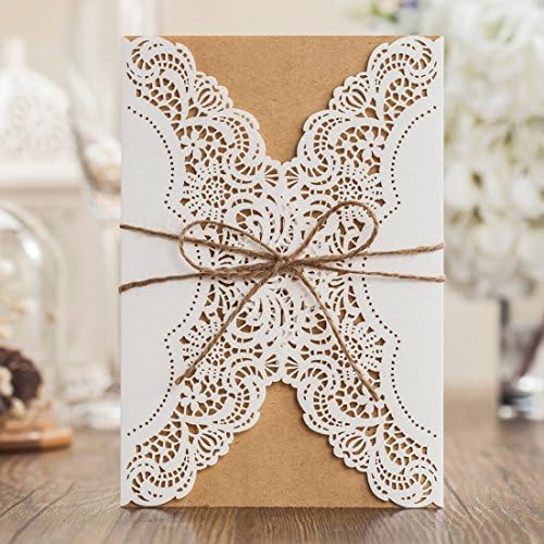 Laser Cut Handmade Wedding Invitations Cards White Kit for Marriage Engagement for Birthday Bridal Shower with Rustic Rope Envelopes Seals Party Favors (30, White, Burlap Rope)
