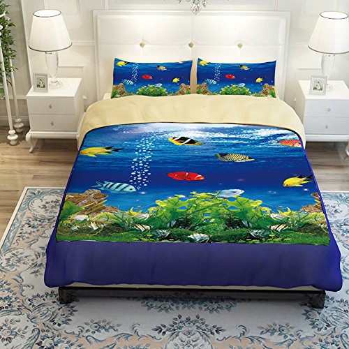 MeMoreCool Home Textile, Mysterious Underwater World Bedding Set, 3D Fish Design Duvet Cover Kids/Teens Bedding Set, Flat Sheet / Fitted Sheet(4-Piece,Full)