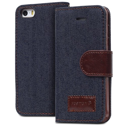 iPhone SE Case, Fosmon CADDY-JEANS Leather Folio Wallet Case for Apple iPhone SE / 5S / 5 (Denim Dark Blue)