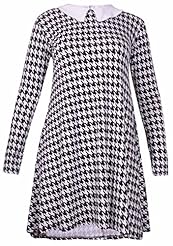 Plus Size Houndstooth Print Viscose Flared-Skirt Long Sleeves  Dress