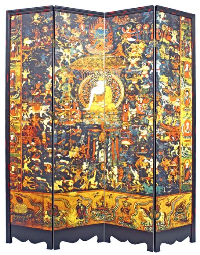 Classic Asian Buddha Art - 72" Tibetan Buddhist Style Art Print Decorative Room Divider Floor Screen - 4 Panel