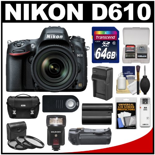 detail Nikon D610 Digital SLR Camera & 24-85mm VR AF-S Zoom Lens with 64GB Card + Case + Flash + Grip + Battery & Charger + 3 Filters + Remote Kit