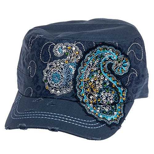 Crystal Case Womens Cotton Rhinestone Paisley Cadet Cap Hat